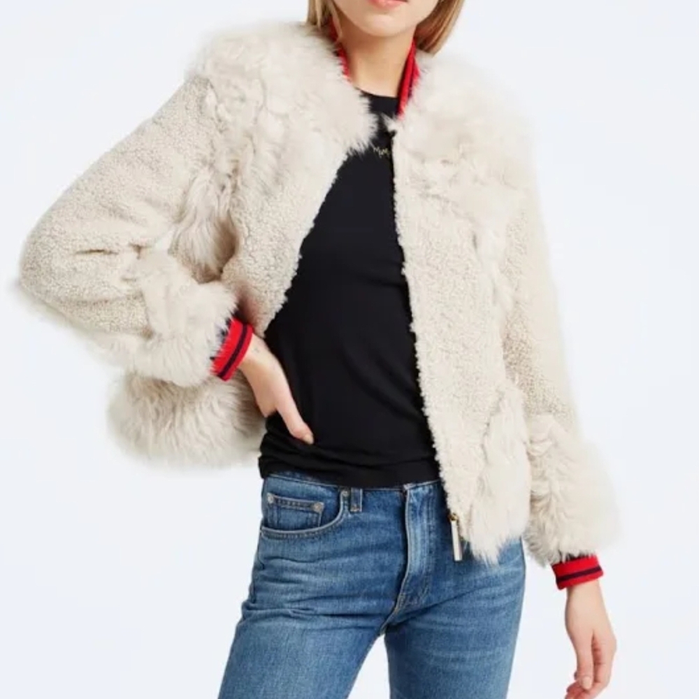 Tory Burch Cream Teddy Jacket with Red Accents